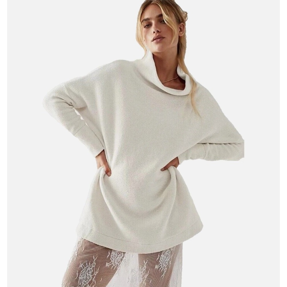 Free People Ribbed Cowl Neck Oversized Sweater Lagenlook Boho Chic Tunic Size L